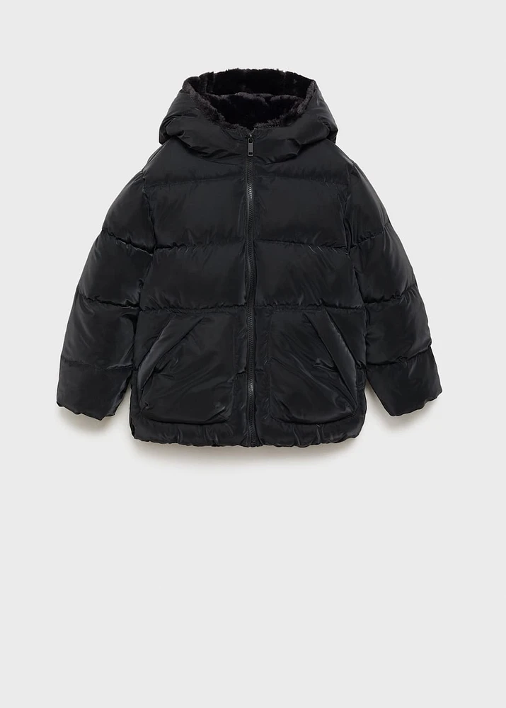 Quilted coat with fur-effect hood