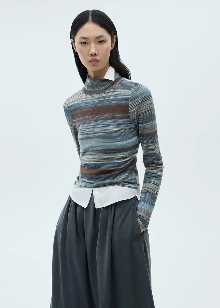 Stand-collar striped sweater