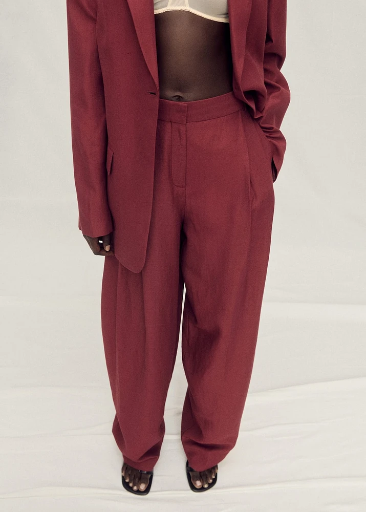Wide leg linen-blend suit pants