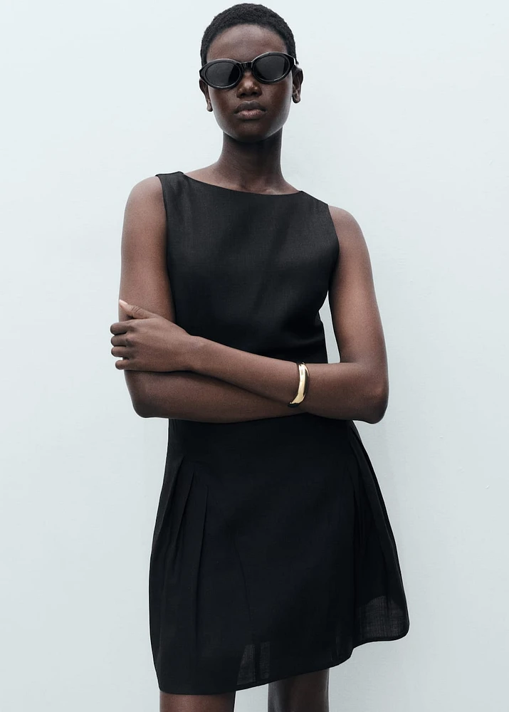 Short pleated linen-blend dress