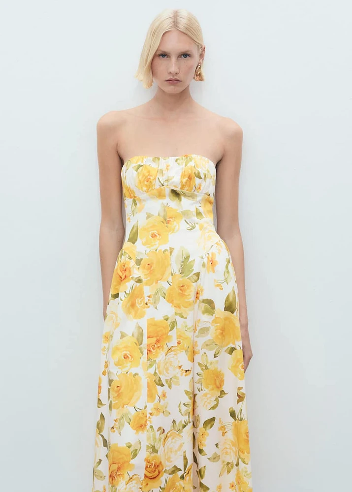 Floral midi-dress with gathered neckline