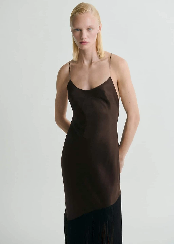 Asymmetrical satin dress with fringes