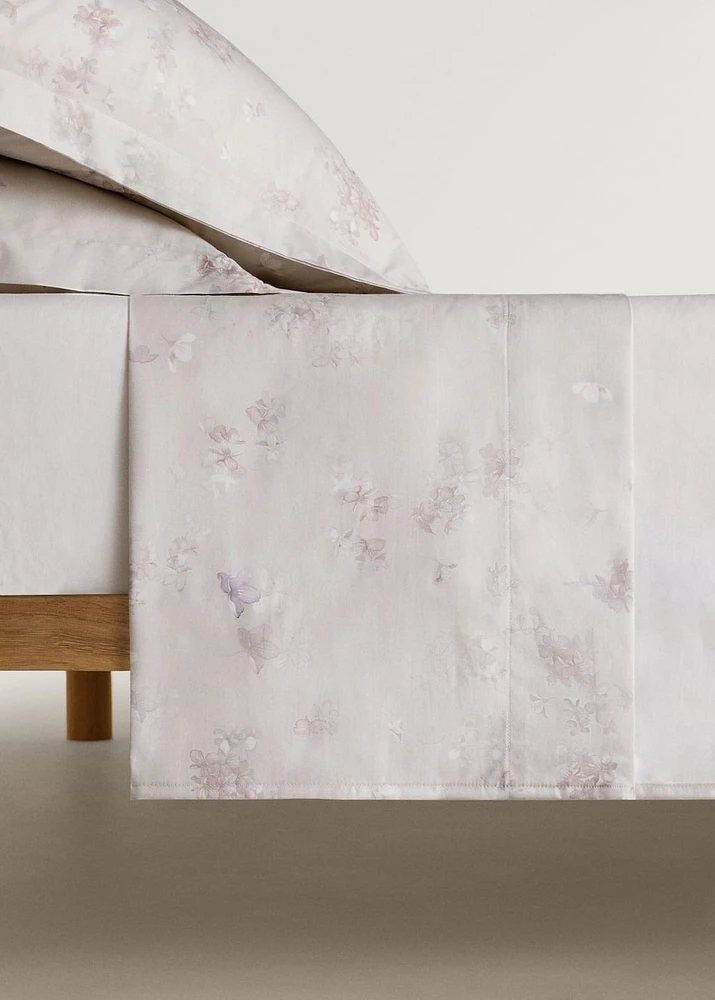 Percale cotton top sheet with romantic flower print for 90 cm bed