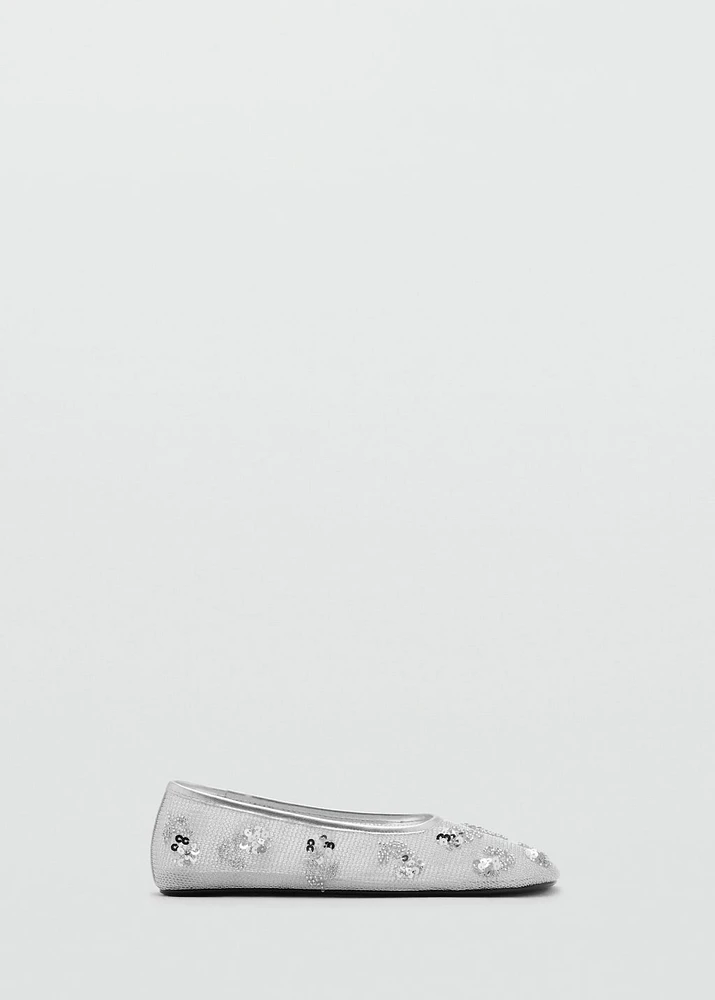 Sequin-embroidered mesh ballet flats