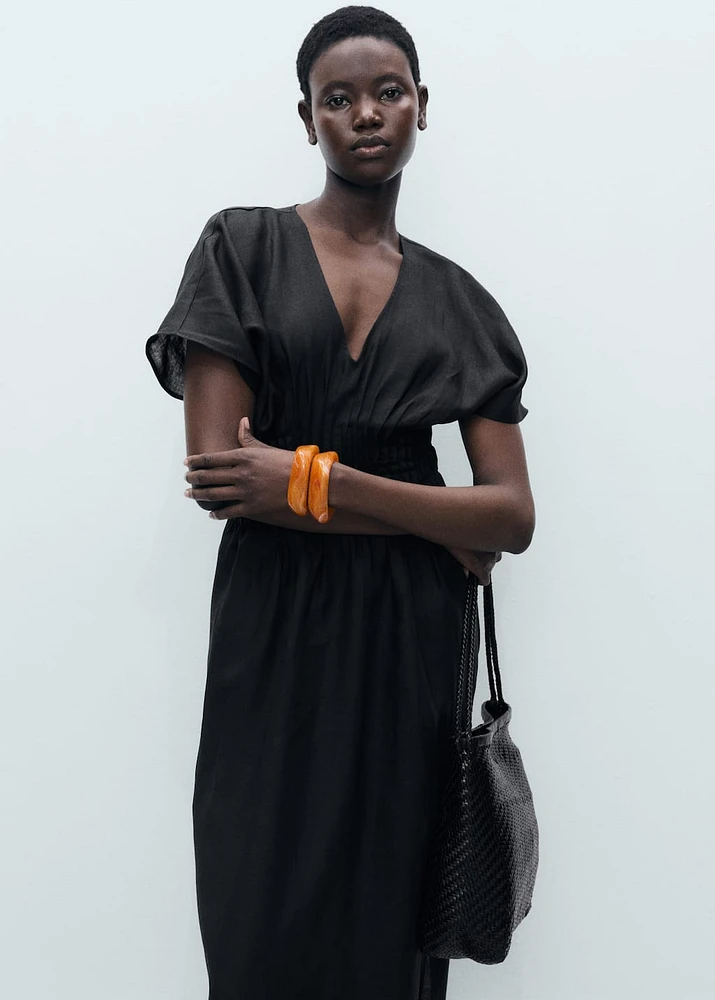 Long linen dress with gathered panel