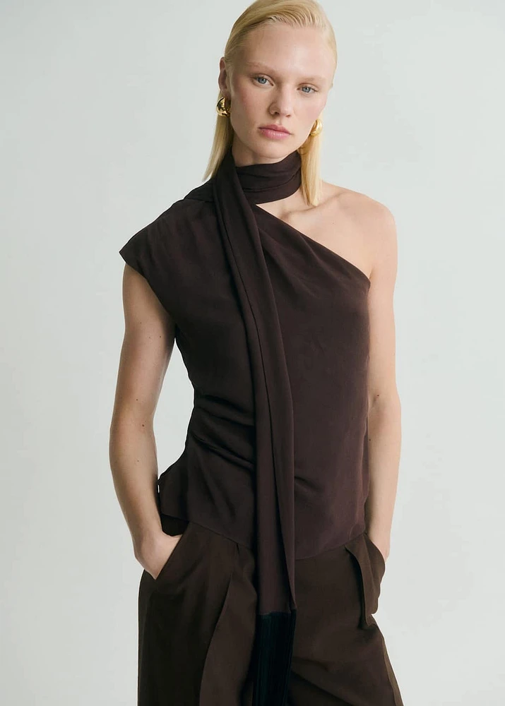 Asymmetrical scarf blouse with fringe detail