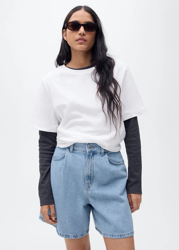 High-waist denim shorts with pleats