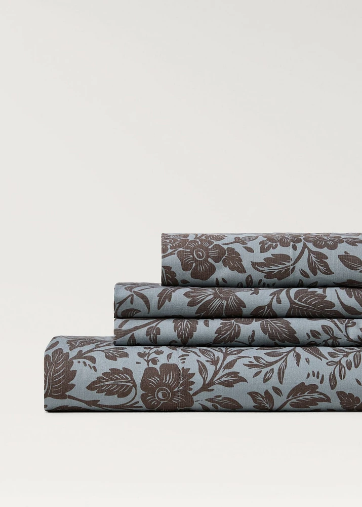 Percale cotton top sheet with two-tone printed flower for 135/140 cm bed