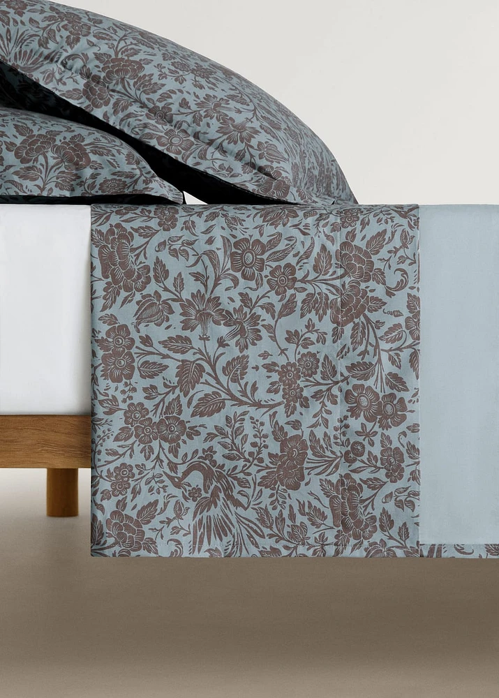 Cotton percale printed two-tone floral top sheet for 180/200 cm bed