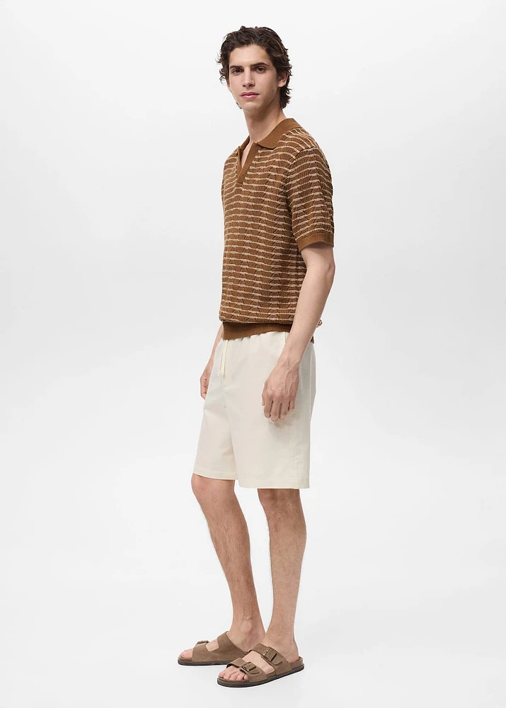 Striped openwork knitted polo shirt