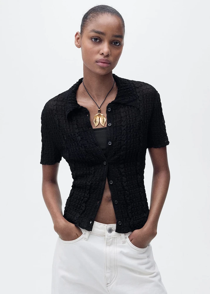 Textured polo-neck cardigan