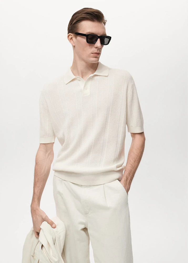 Striped openwork knitted polo shirt