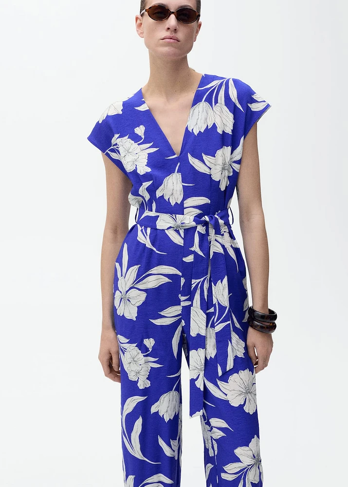Printed long jumpsuit with belt