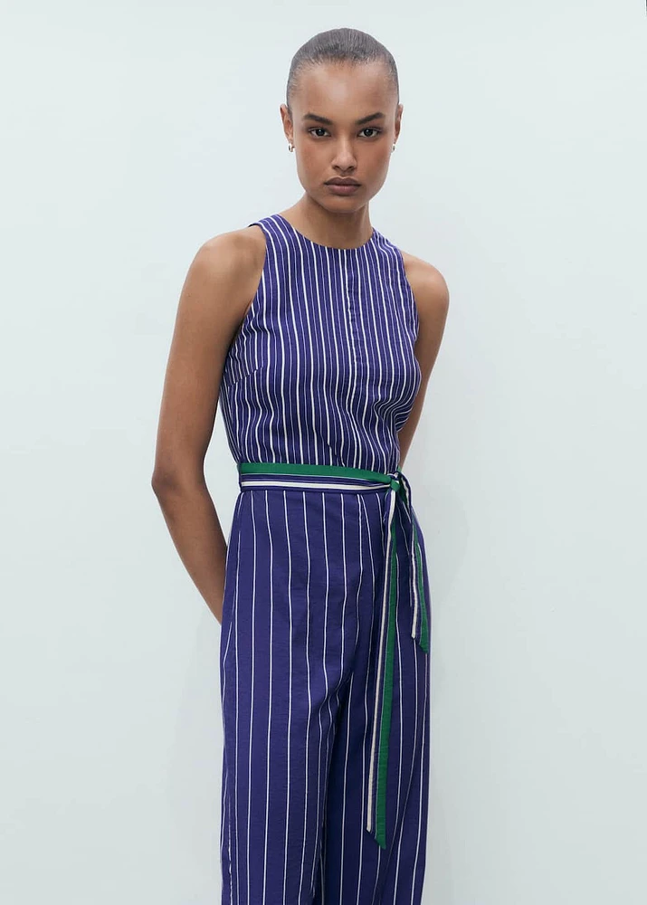 Striped jumpsuit with belt