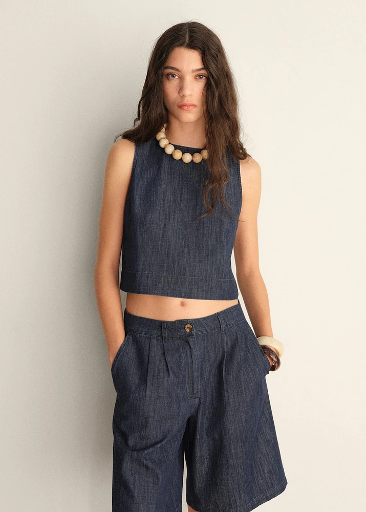 Rinse-wash denim crop top