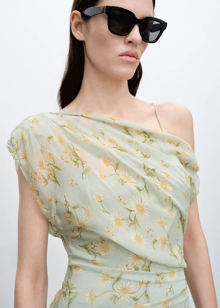 Semi-transparent floral-print draped dress