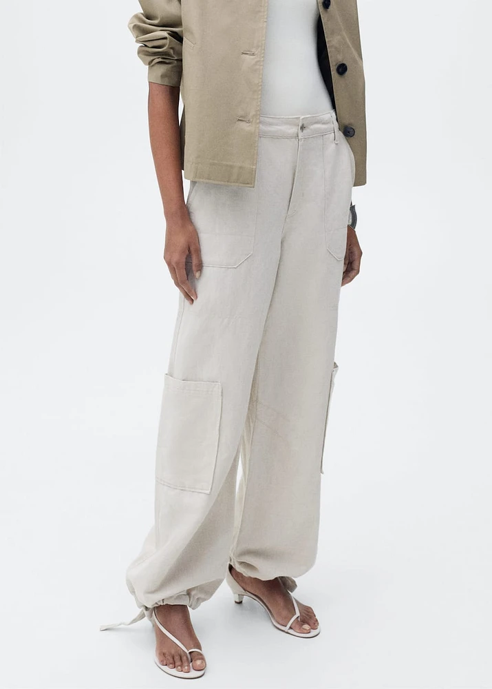 Linen cargo pants with puffed hem