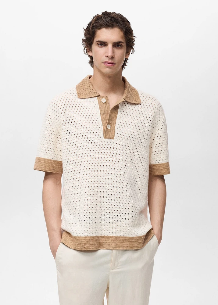 Openwork knitted polo shirt with contrasting details