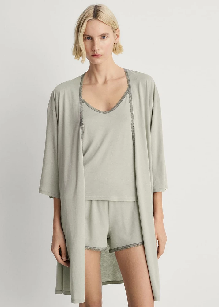 Cotton robe with contrasting lace