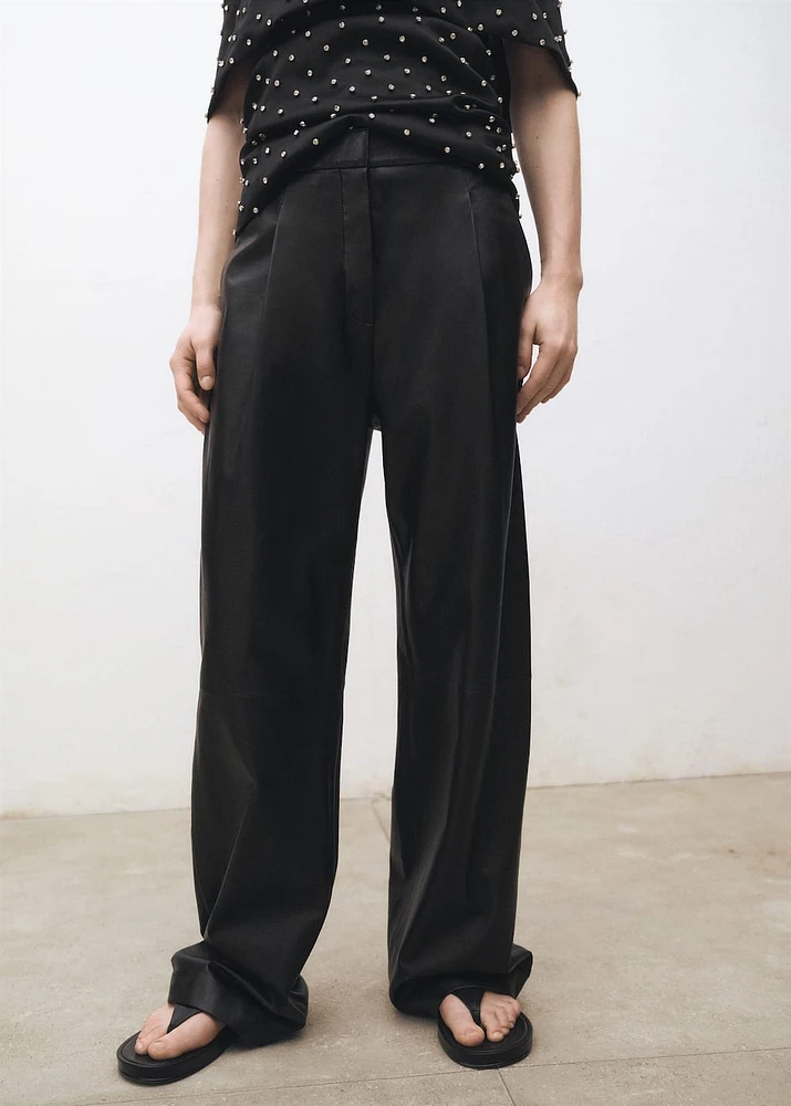 Straight leather pants with pleat detail