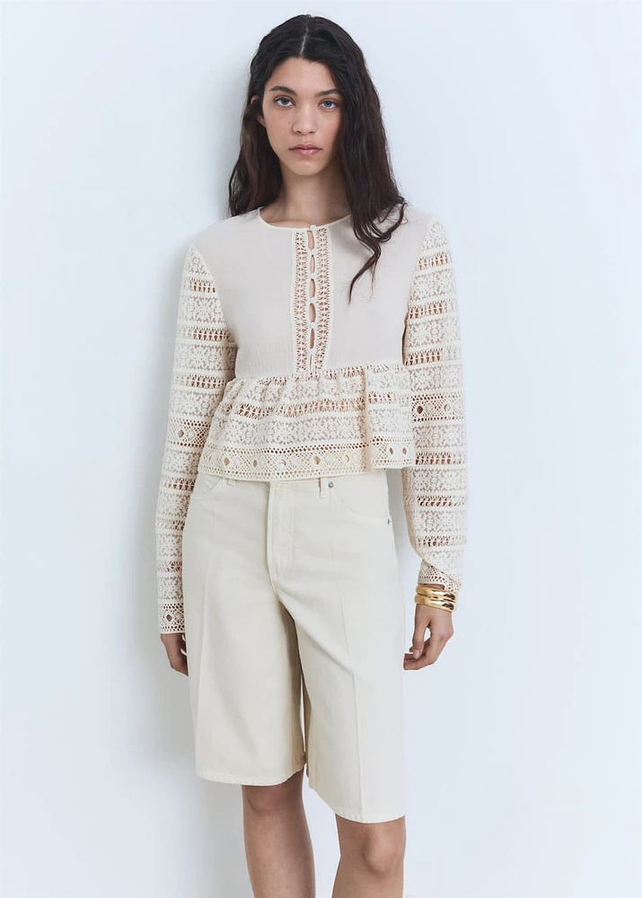 Embroidered cotton blouse with openwork details