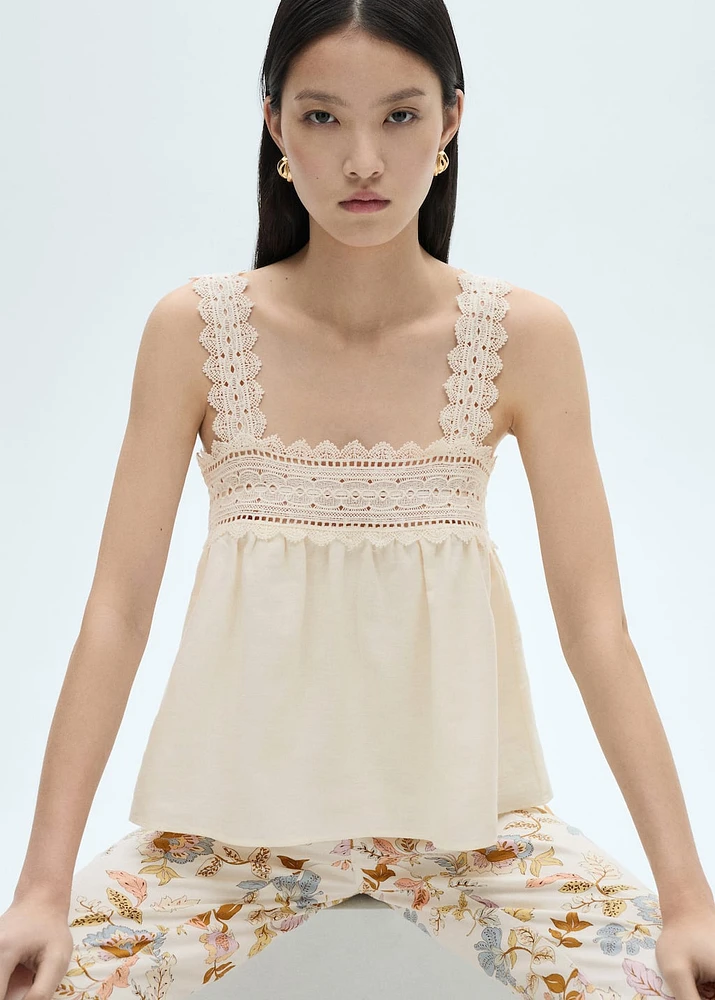 Linen-blend top with openwork detail