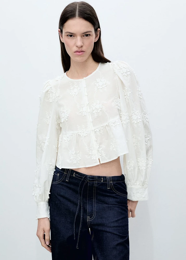 Flower-embroidered cotton blouse