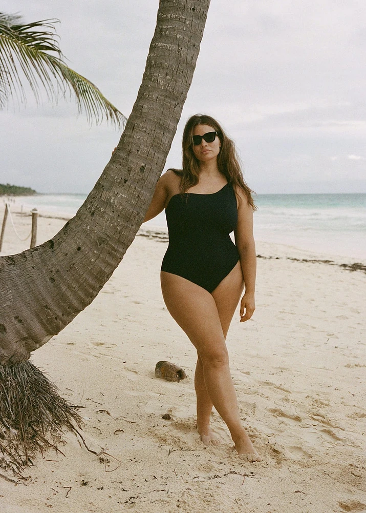 Asymmetrical swimsuit with gathered detail