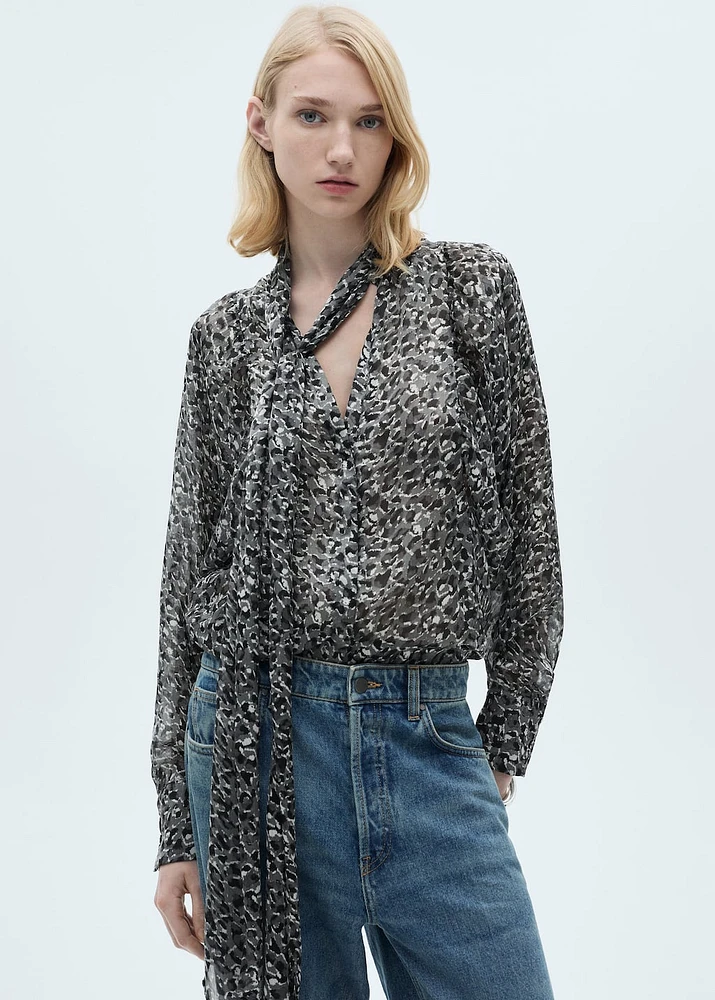 Animal-print blouse with bow neck