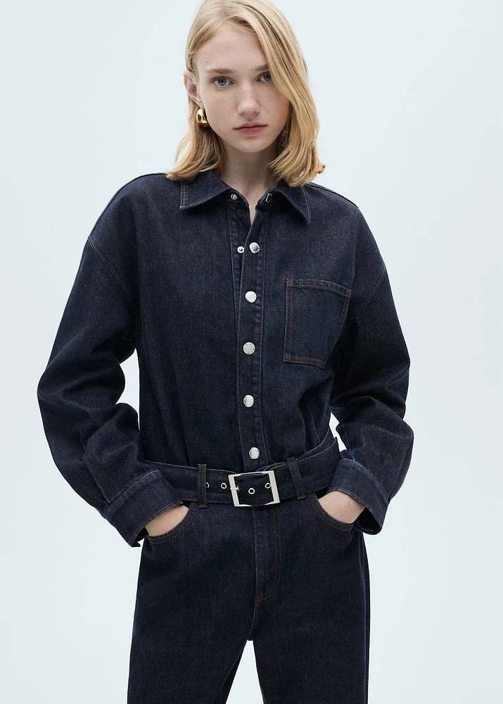Rinse-wash denim jumpsuit with belt