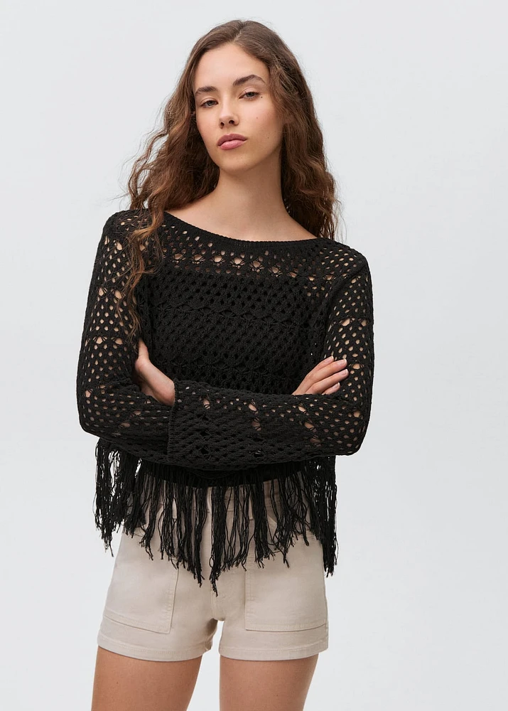 Fringed detail openwork sweater