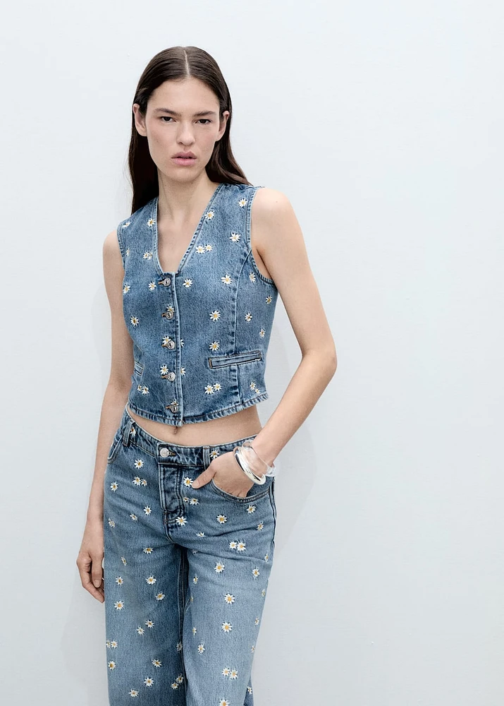 Flower-embroidered cropped vest