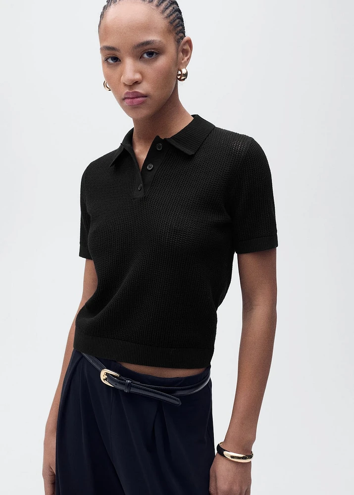 Openwork knitted polo-neck sweater