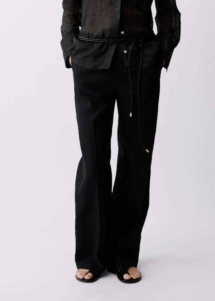 Straight-fit linen pants with bow
