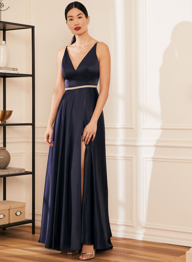 Laura - Women's Embellished Satin Gown Blue