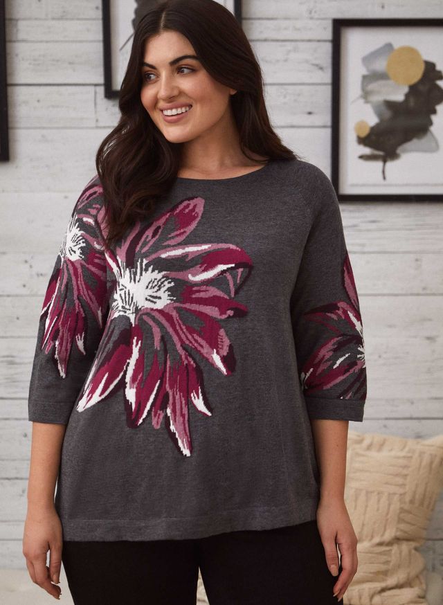 Laura Plus - Women's Knit Sweater With Floral Print Red