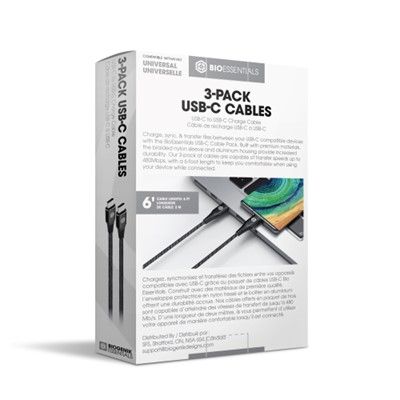 Bio Essentials USB-C to USB-C Charge Cable (3 pack)   - Charge, sync, & transfer files between your US