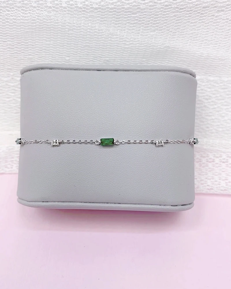 Sterling Silver Green Baguette Cubic Zirconia Anklet 152206