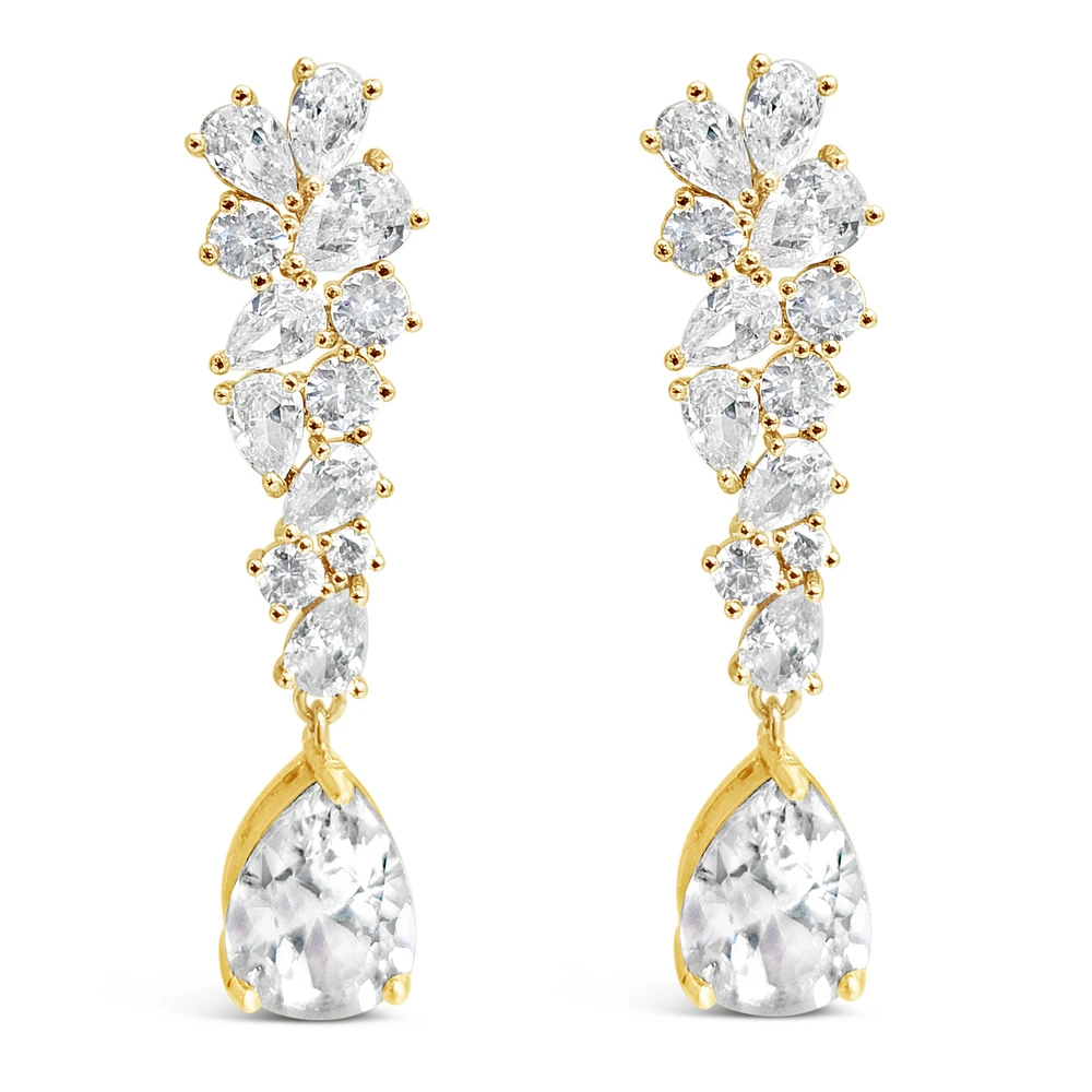 Bridal Gold Tear Drop Cluster Long Cubic Zirconia Earrings 155182