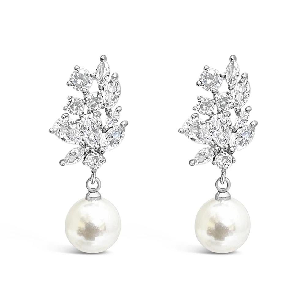 Bridal Silver Tear Drop Pearl Cubic Zirconia Earrings 155162