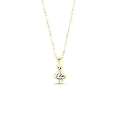 10K YG 0.09CT Diamond 4 Claw Square Pendant with Chain