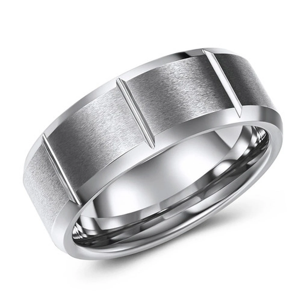 8mm tungsten band, brushed flat top with vertical lines