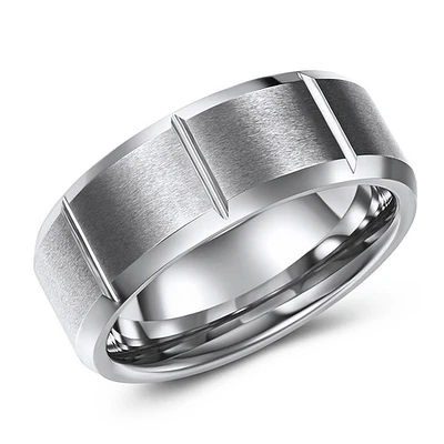 8mm tungsten band, brushed flat top with vertical lines