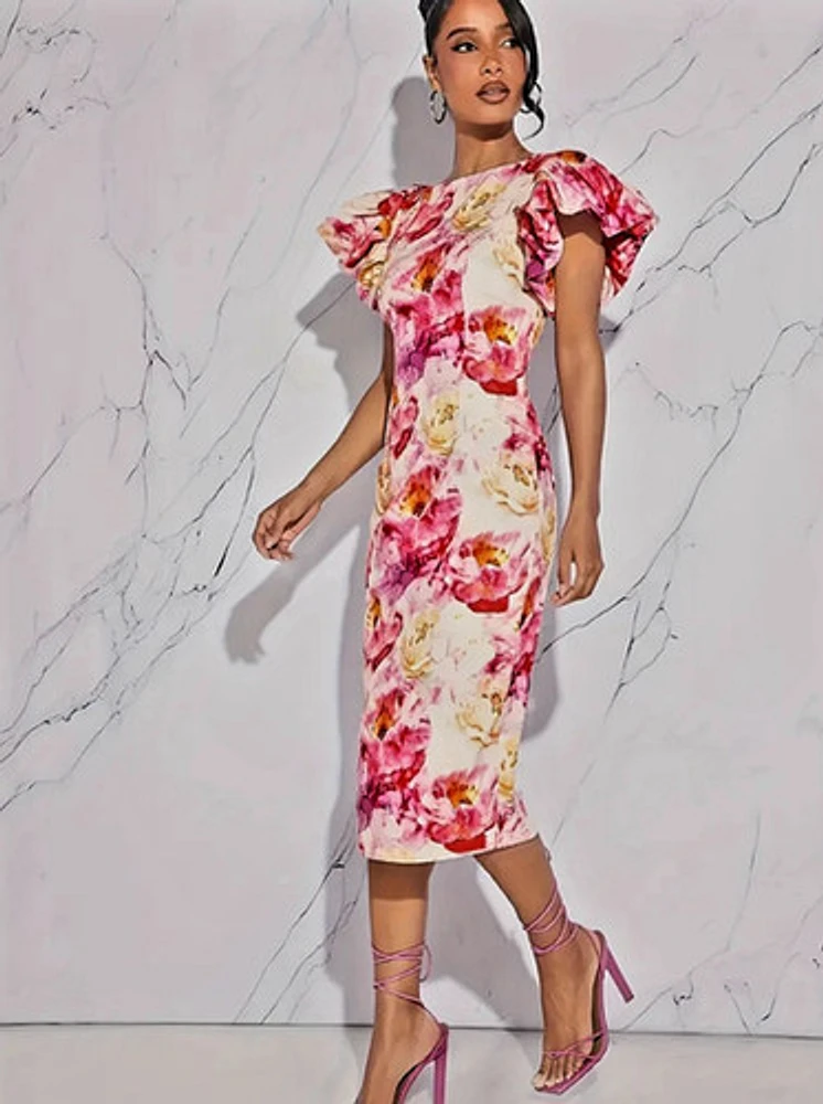 Floral Print Bodycon Dress - Sleeveless, Ruffle Detail