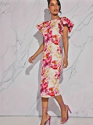 Floral Print Bodycon Dress - Sleeveless, Ruffle Detail