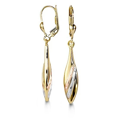 10kt Tri-Colour Gold, Tear-Shape Drop Earrings