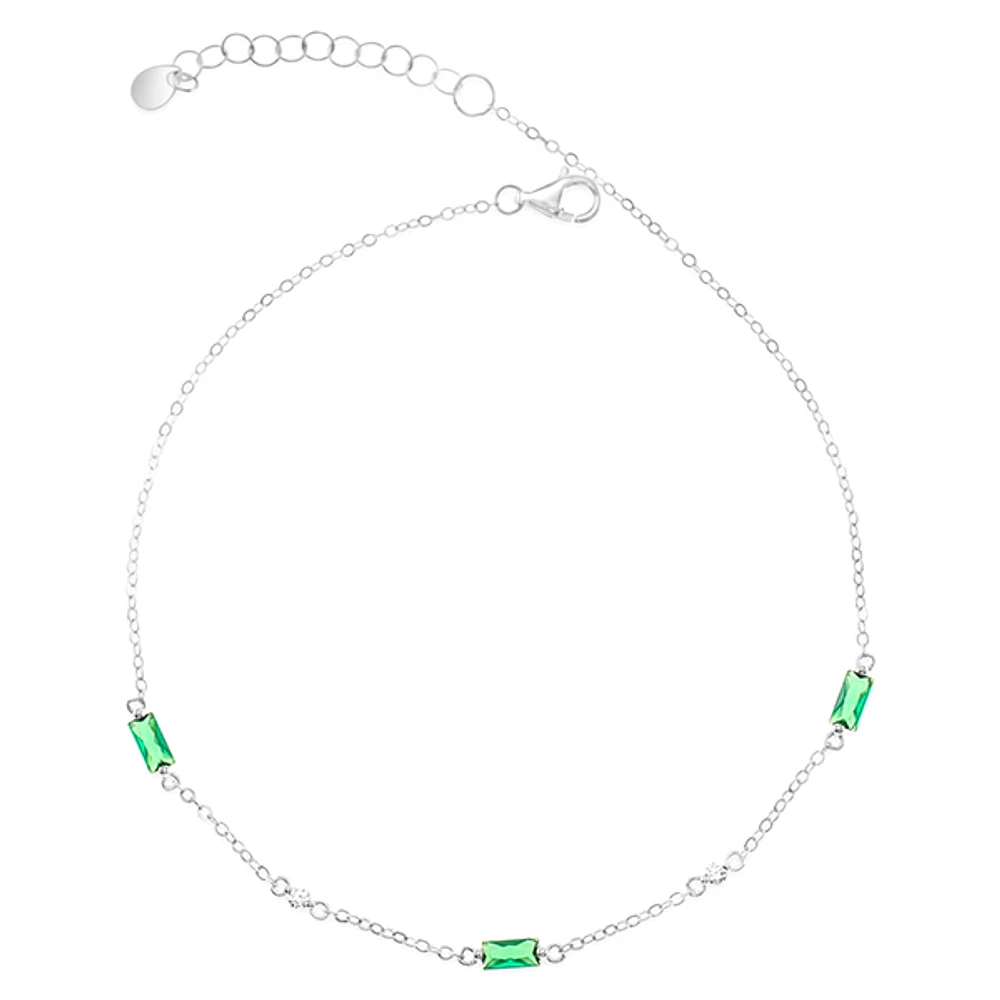 Sterling Silver Green Baguette Cubic Zirconia Anklet 152206