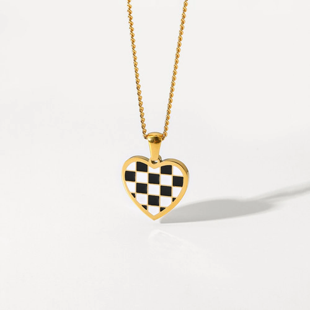 Black and White Checkered Heart Necklace