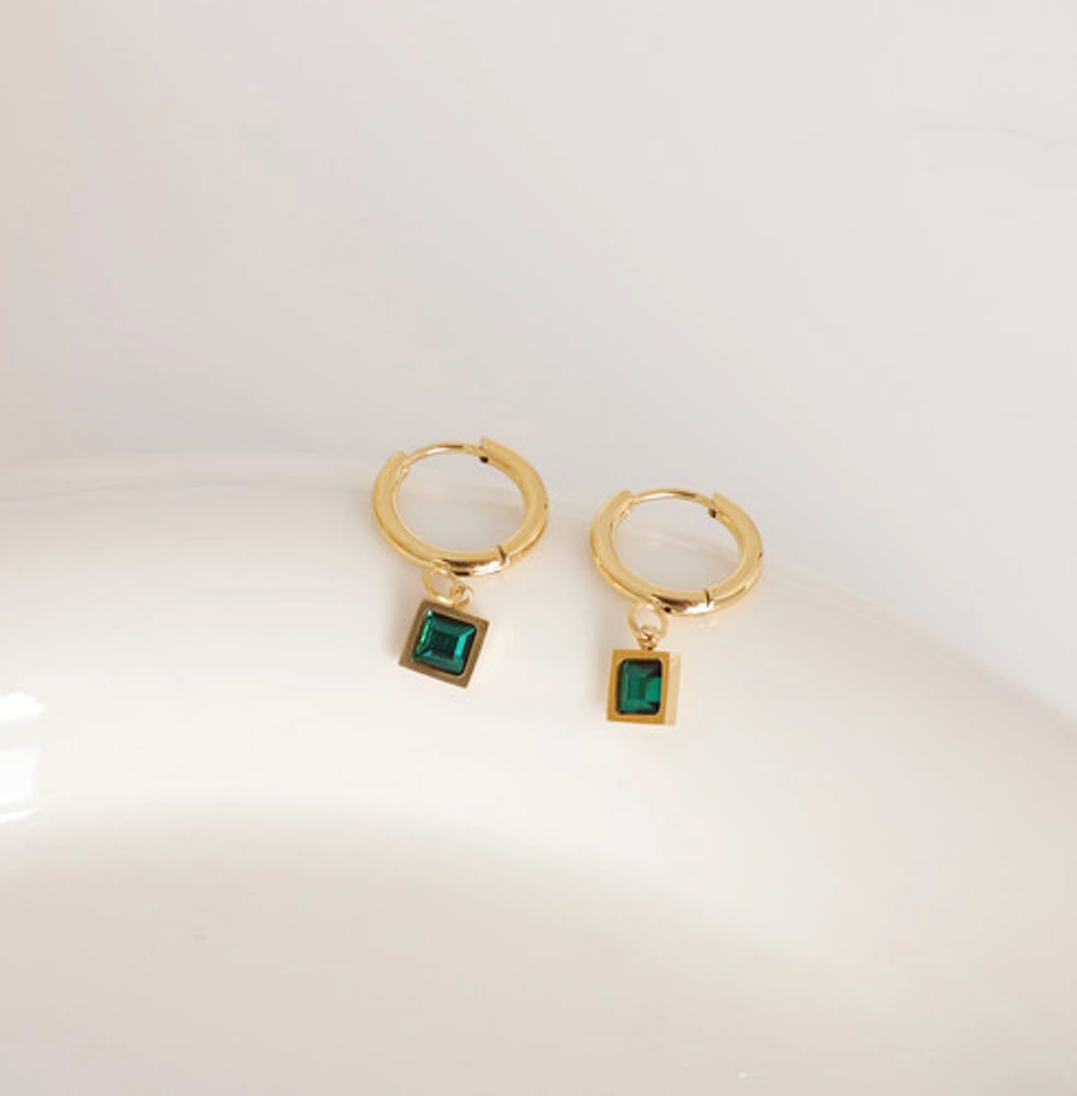 Emerald Cubic Drop Gem Hoops