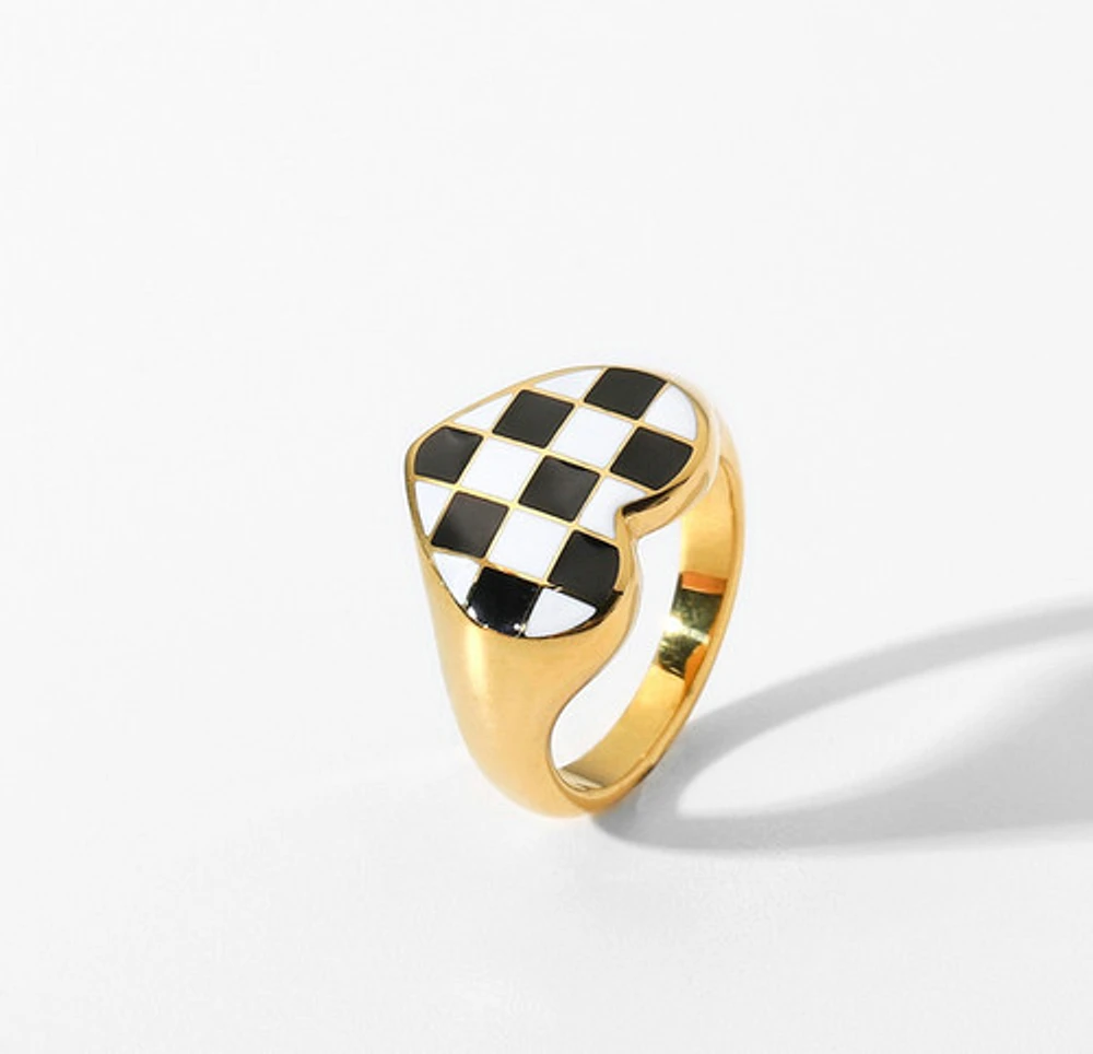 Black and White Checkered Heart Ring